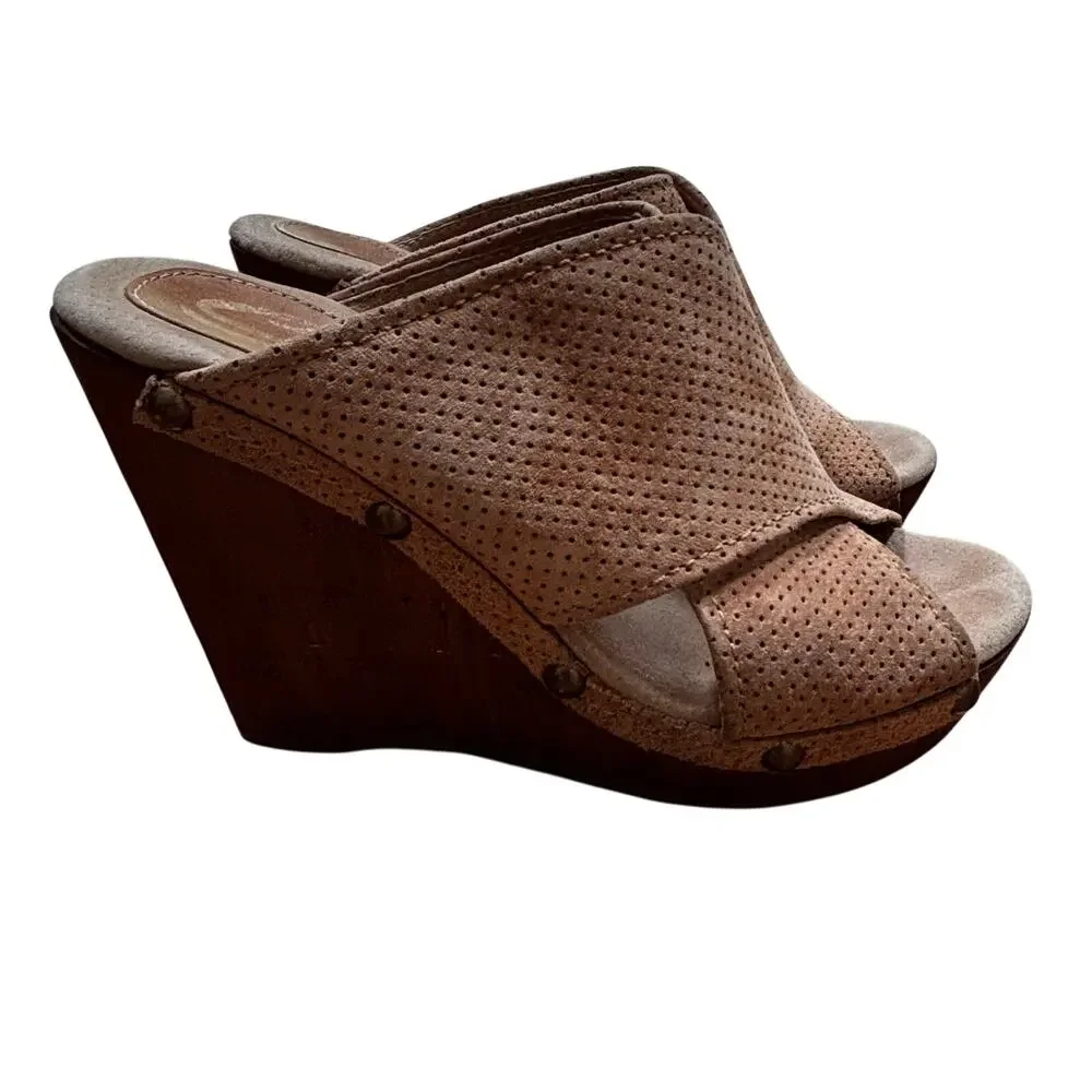 Sbicca Platform High Heels Slides US 8M tan suede leather crossover uppers shoes